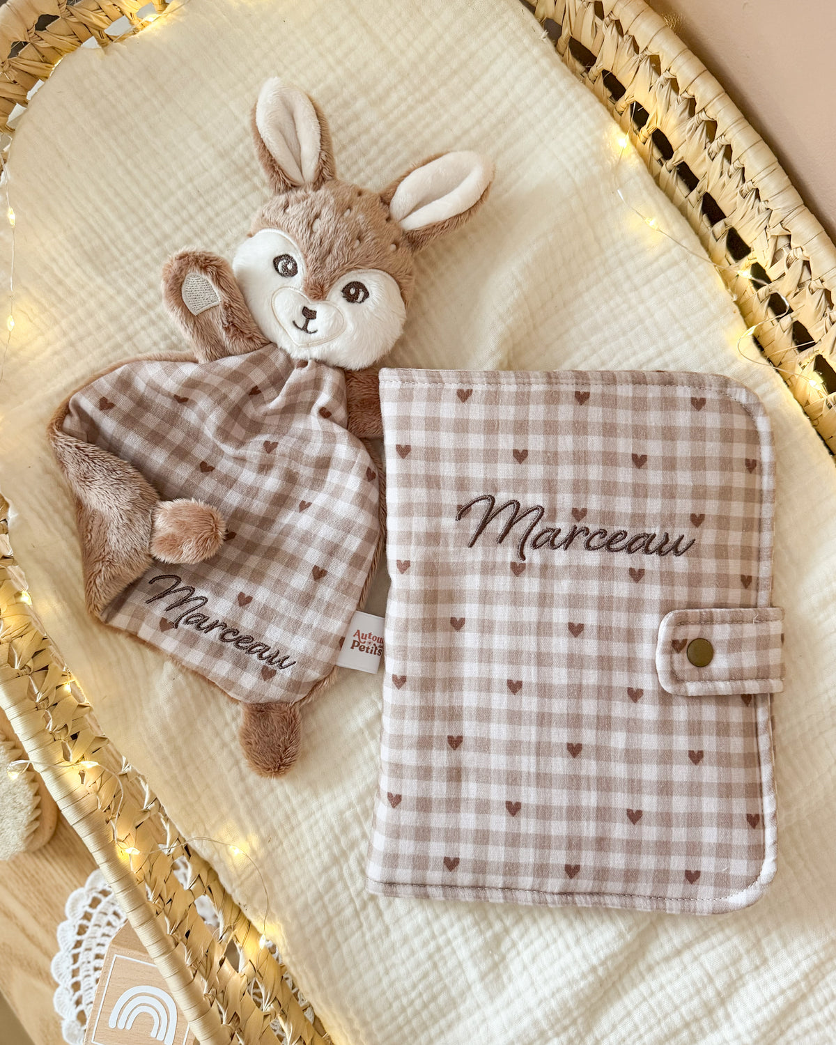 Coffret naissance personnalisé avec doudou et protège carnet - Collection Vichy