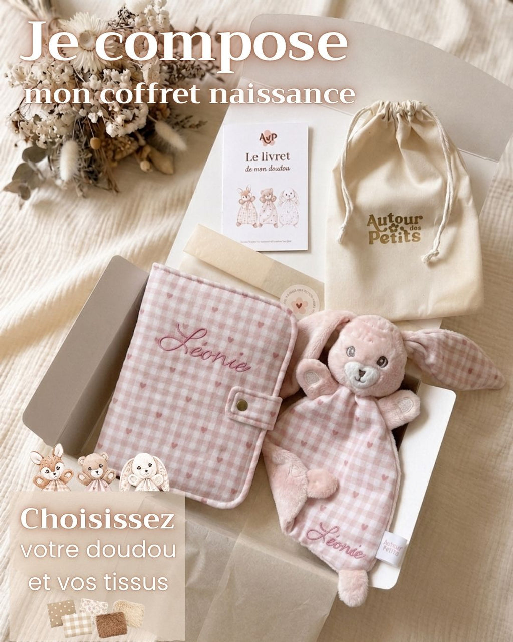 Coffret naissance personnalisé avec doudou et protège carnet - Collection Vichy