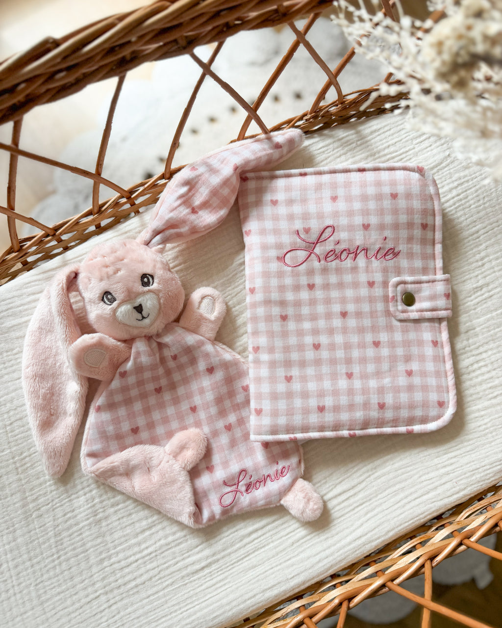 Coffret naissance personnalisé avec doudou et protège carnet - Collection Vichy