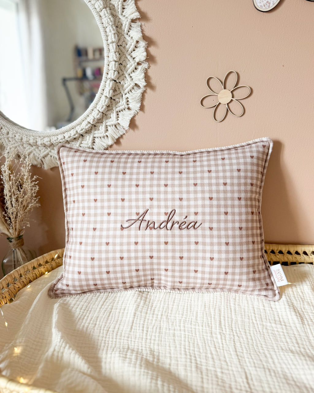 Coussin enfant personnalisé bimatière – Double gaze et velours côtelé